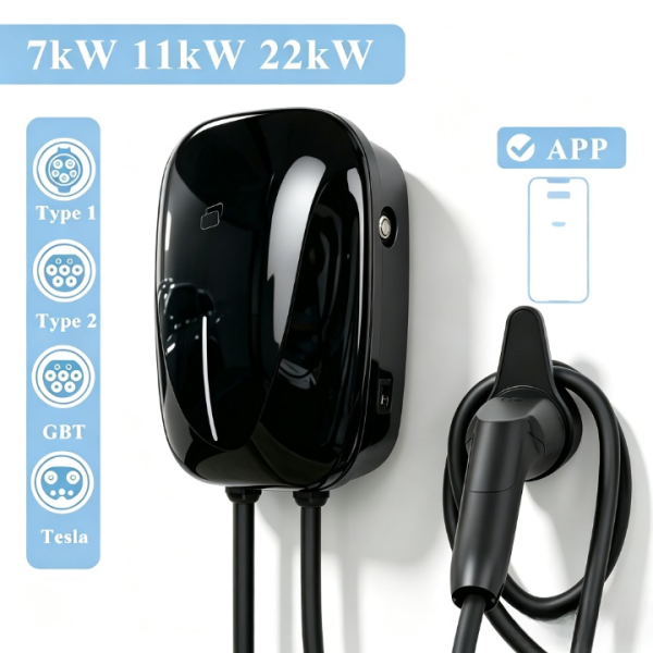 Smart EV Wallbox 7kW 11kW 22kW, APP Control Wall Mounted EV Charger, Type 1 / Type 2 / GBT / Tesla Compatible